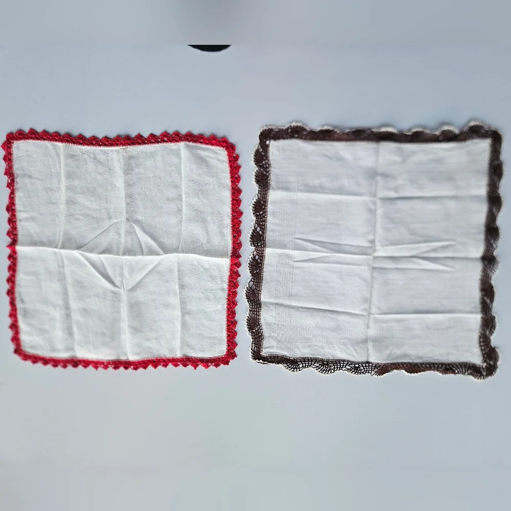 VTG Handmade Crochet Border Edge Red & Brown Cotton Hankies | SZ 12